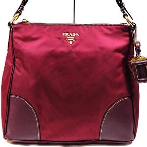 Prada Red Nylon Shoulder Bag Gold Hardware Leather Trim Hobo Tote